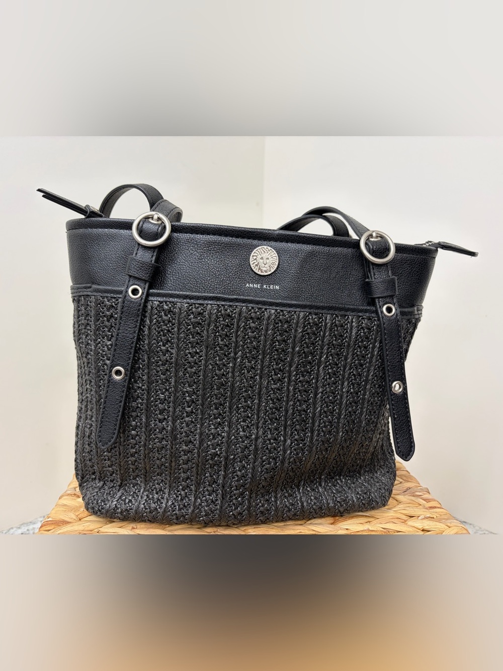 Anne Klein Black Braided-Texture Tote with Silver Medallion